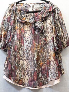 NWT Rebecca Taylor XL SILK Blouse Watercolor Snake Print Gold Metallic Ruffle